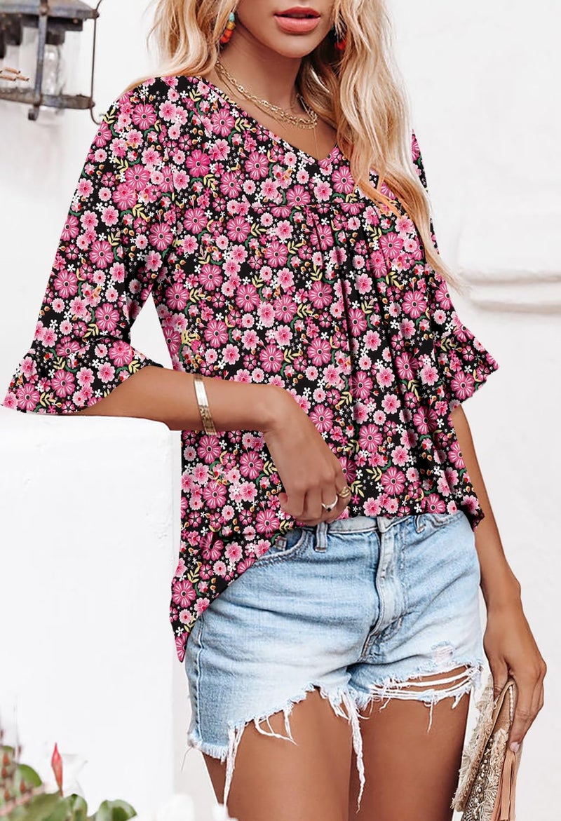 ROSELINLIN Boho Tops for Women Summer Dresses Loose Fit Floral Tunic Tops 3/4 Sleeve Half Short Sleeve Shirts Mulberry Flower L - Image 3