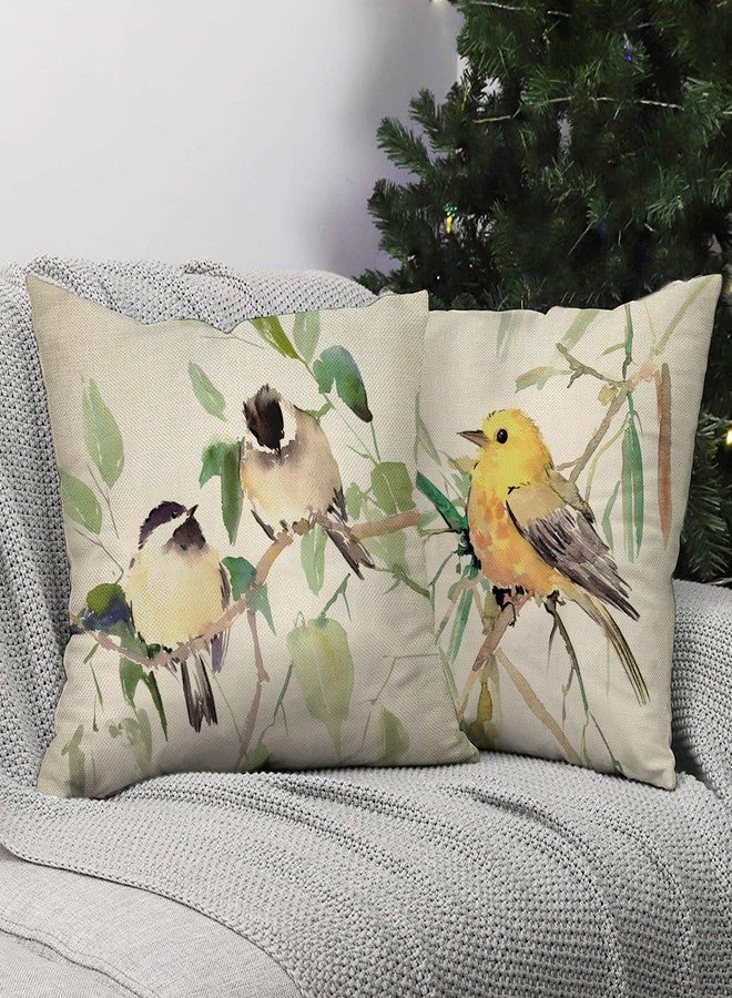 Fjfz Spring Summer Birds Decorative Throw Pillow Covers 20 x 20 Set of 4, Chickadee Goldfinch Bluebird Porch Outdoor Home Decor, Sparrow Branches Vintage Couch Cushion Case - Image 4