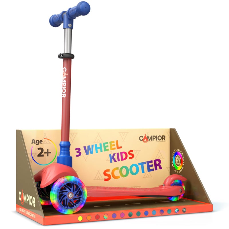 Campior Red & Blue Mini 3 Wheel Scooter for Kids â€“ Lean-to-Steer with LED Light-Up Wheels, Adjustable Handlebar, Wide Anti-Slip Deck, Smooth PU Wheels, Rear Foot Brake â€“ Toddler Scooter for Ages 2+ - Image 1