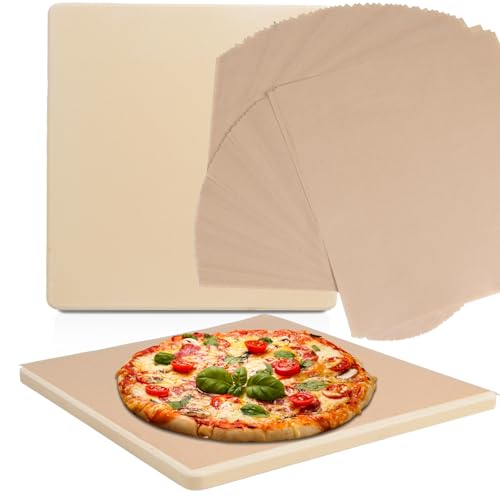 Garpernics 10 Inch Small Pizza Stone with Parchment Paper(50 pcs) for Camp Oven 10”x11”x0.5”, Garpernics Rectangular Cordierite Baking & Grilling Stone for Grills and Air Fryers Fit for Coleman Camp Oven - Image 1
