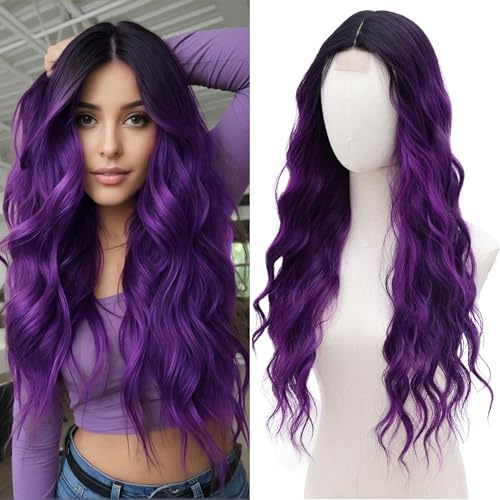 BUPPLER Cosplay Long Black to Purple Wig 28 Inch Middle Part Synthetic Wig Realistic Gifts Party Wigs for Women Daily Use Colorful Wigs Black to Purple - Image 1