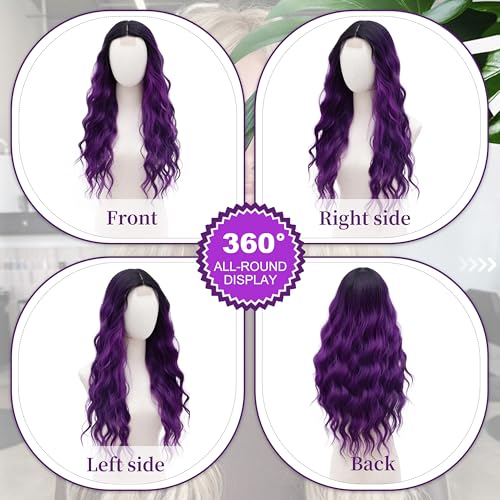 BUPPLER Cosplay Long Black to Purple Wig 28 Inch Middle Part Synthetic Wig Realistic Gifts Party Wigs for Women Daily Use Colorful Wigs Black to Purple - Image 3