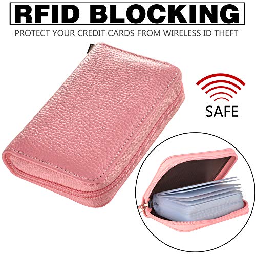Easyoulife Genuine Leather Credit Card Holder Zipper Wallet With 26 Card Slots (Pink) - Image 5