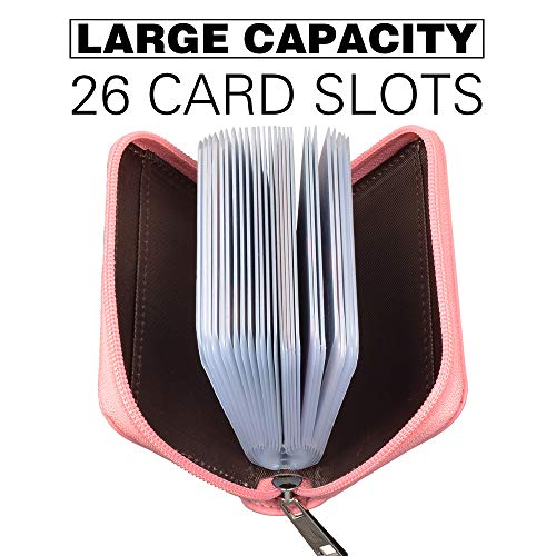 Easyoulife Genuine Leather Credit Card Holder Zipper Wallet With 26 Card Slots (Pink) - Image 3