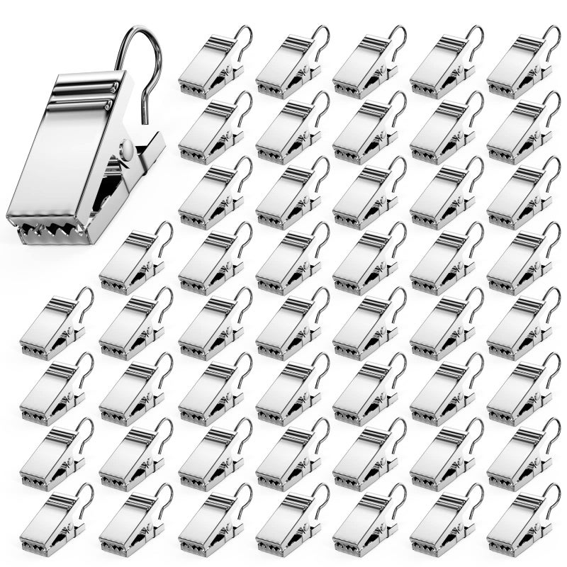 AJulyBee 50 PCS Curtain Hooks Heavy Duty Clips with Hooks, Stainless Steel Shower Curtain Clips with Hook for Vendor Display Supplies, Home Decoration, Photos, Art Craft Display (Silver) - Image 1
