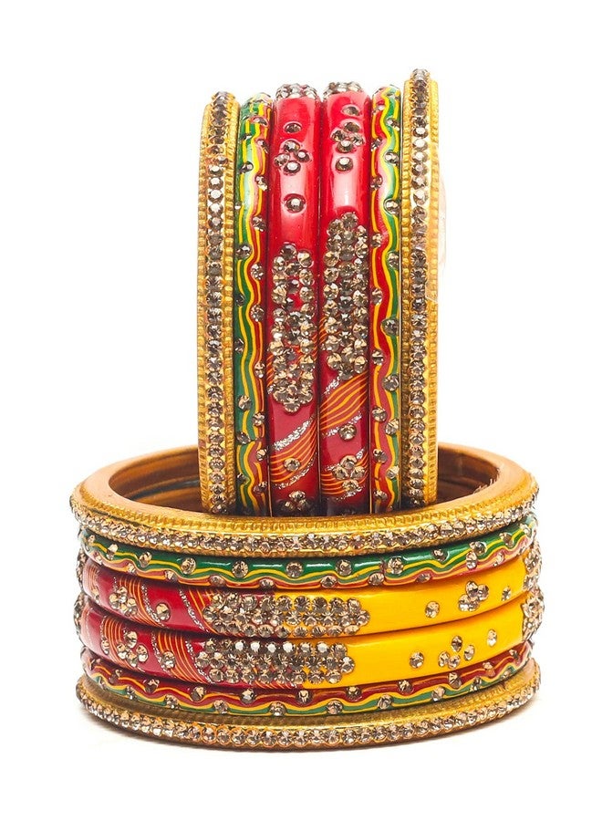 Swara Creations Lah/Lac bangles red,yellow and green color Set, LAHTHI Churi zircon work for Women and Girls(12pcs) - Image 2