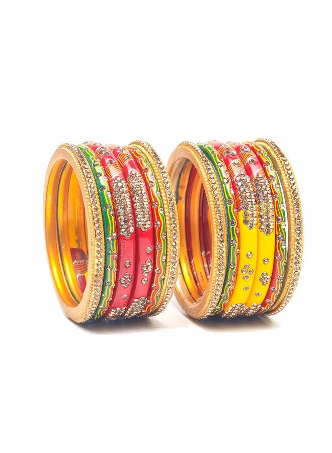 Swara Creations Lah/Lac bangles red,yellow and green color Set, LAHTHI Churi zircon work for Women and Girls(12pcs) - Image 1