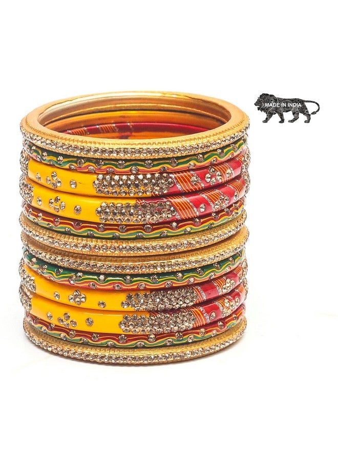 Swara Creations Lah/Lac bangles red,yellow and green color Set, LAHTHI Churi zircon work for Women and Girls(12pcs) - Image 3