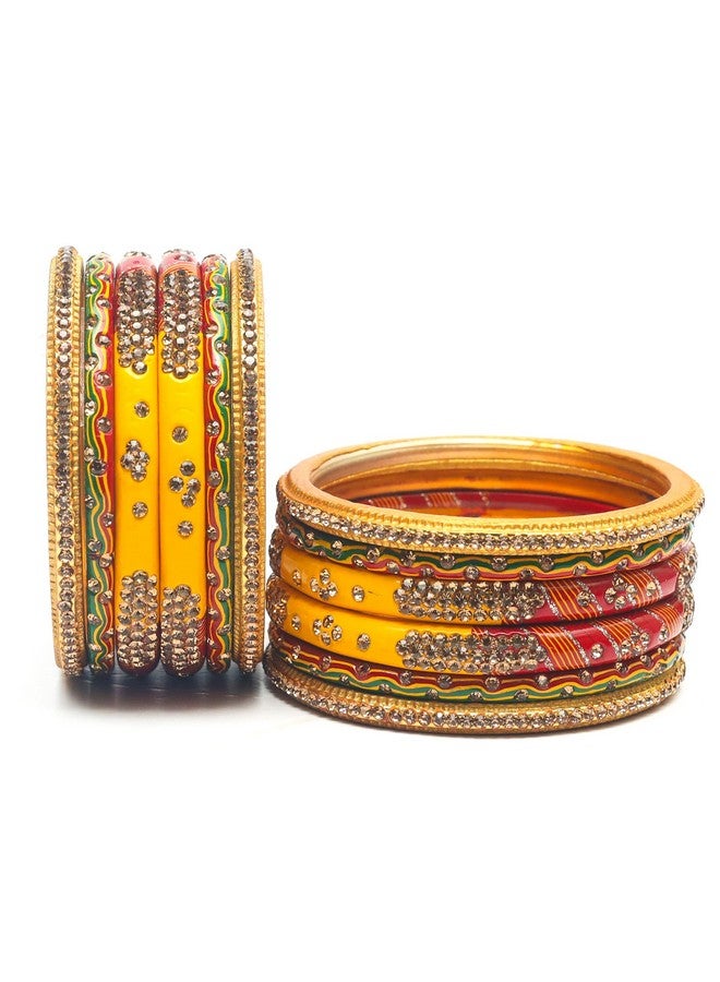 Swara Creations Lah/Lac bangles red,yellow and green color Set, LAHTHI Churi zircon work for Women and Girls(12pcs) - Image 4