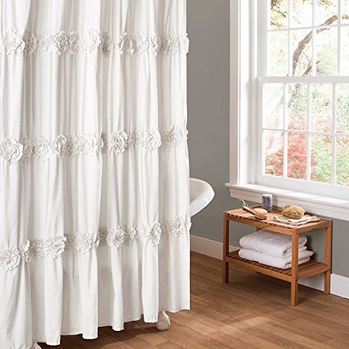 Lush Decor Darla Ruched Floral Bathroom Shower Curtain, 72” x 72”, White - Image 1