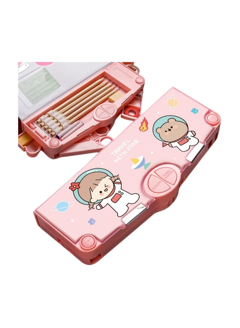 Magnetic pencil case for boys and girls, plastic material, 1 door, multiple buttons, with sharpeners, erasers, ruler, scissors, and colored tape. Cute pencil case. - Image 1