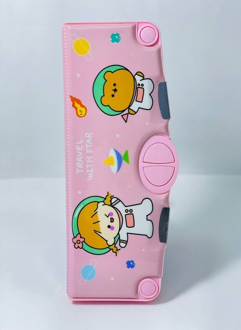 Magnetic pencil case for boys and girls, plastic material, 1 door, multiple buttons, with sharpeners, erasers, ruler, scissors, and colored tape. Cute pencil case. - Image 3