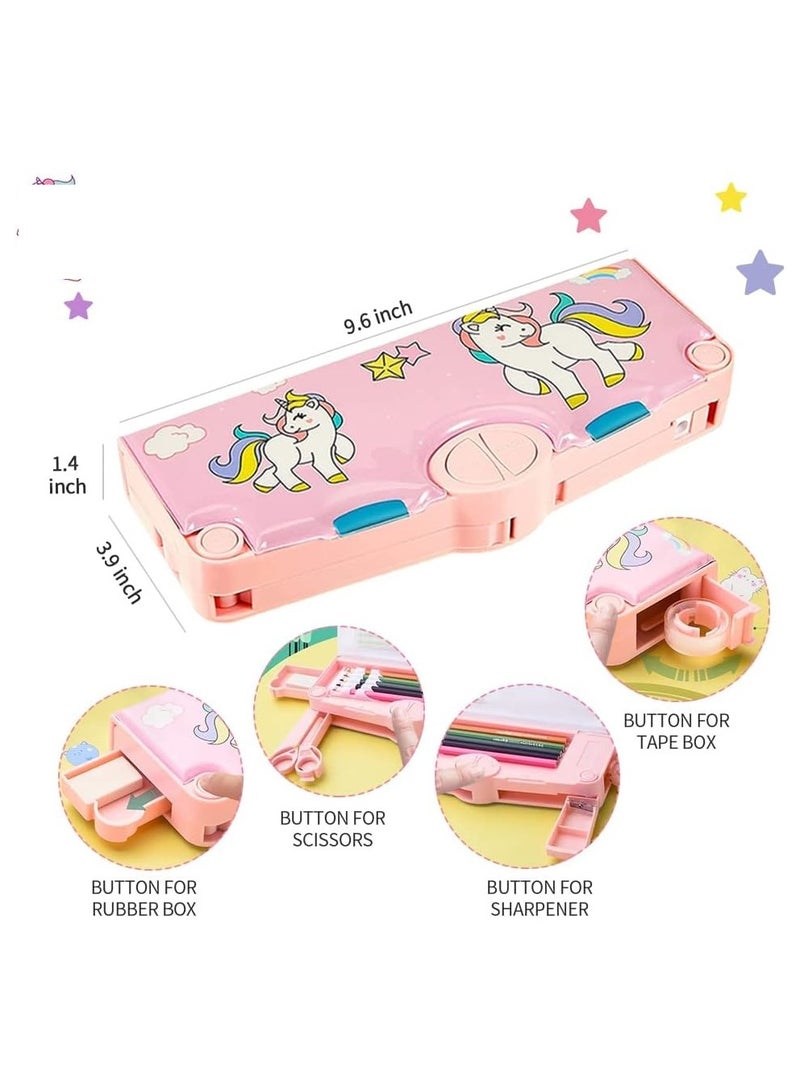 Magnetic pencil case for boys and girls, plastic material, 1 door, multiple buttons, with sharpeners, erasers, ruler, scissors, and colored tape. Cute pencil case. - Image 2