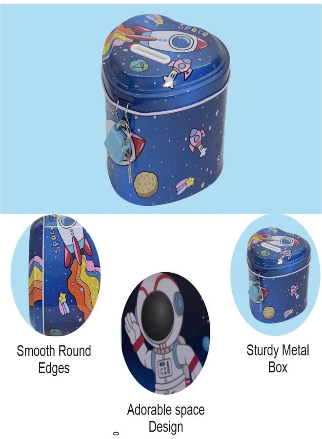 WISHKEY Metal Space Theme Piggy Bank with Lock and Key, Cute Heart Shape Coin Saving Box for Kids, Money Saving Bank, Piggy Bank for Kids, Gift for Kids, Blue, 3 Years+ (Pack of 1) - Image 2