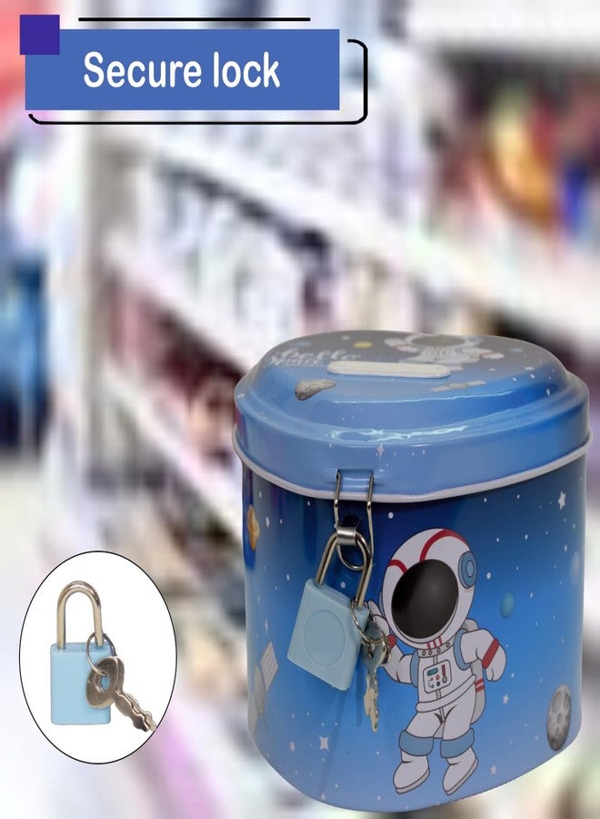 WISHKEY Metal Space Theme Piggy Bank with Lock and Key, Cute Heart Shape Coin Saving Box for Kids, Money Saving Bank, Piggy Bank for Kids, Gift for Kids, Blue, 3 Years+ (Pack of 1) - Image 3