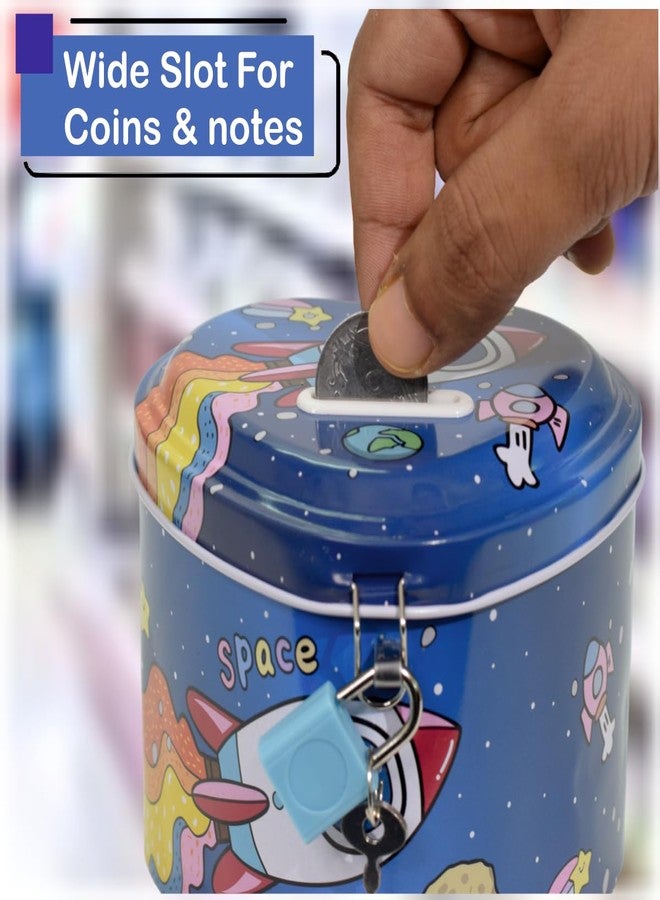 WISHKEY Metal Space Theme Piggy Bank with Lock and Key, Cute Heart Shape Coin Saving Box for Kids, Money Saving Bank, Piggy Bank for Kids, Gift for Kids, Blue, 3 Years+ (Pack of 1) - Image 4