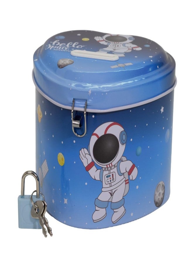 WISHKEY Metal Space Theme Piggy Bank with Lock and Key, Cute Heart Shape Coin Saving Box for Kids, Money Saving Bank, Piggy Bank for Kids, Gift for Kids, Blue, 3 Years+ (Pack of 1) - Image 1