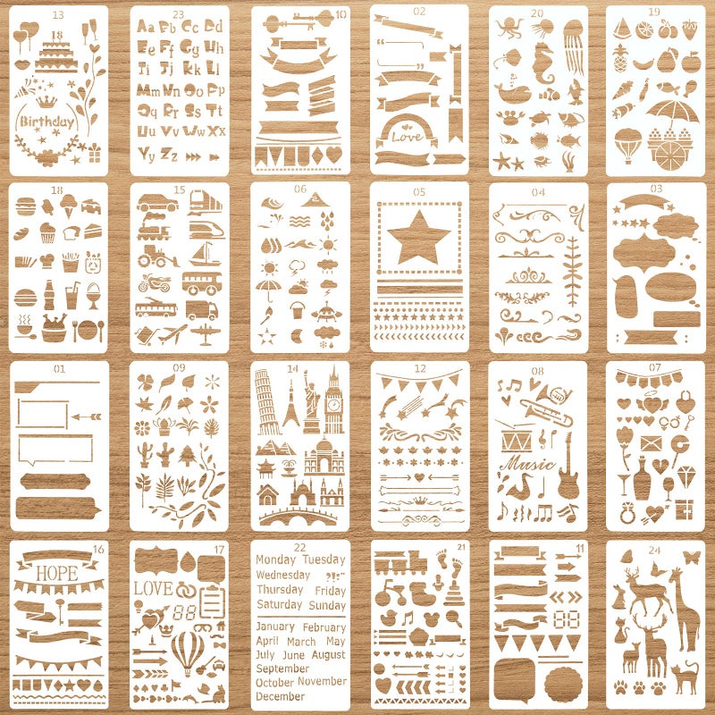 Zonon 24 Pieces Journal Stencil Plastic Planner DIY Drawing Template Painting Template for Journal Notebook Diary Scrapbook Home Decoration DIY Craft Project - Image 1