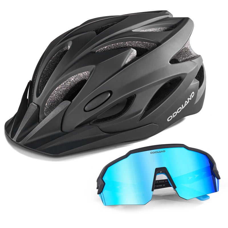 Odoland Bike Helmet with Cycling Sunglasses, Adjustable Size Adult Cycling Helmets for Men Women Road Bike Mountain Ebike, Matte Black - Image 1