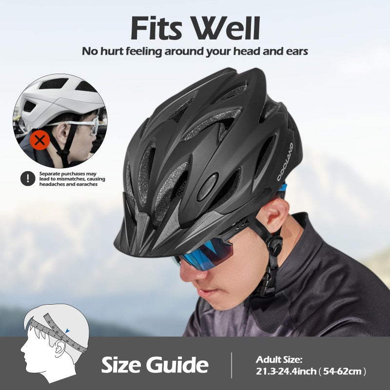 Odoland Bike Helmet with Cycling Sunglasses, Adjustable Size Adult Cycling Helmets for Men Women Road Bike Mountain Ebike, Matte Black - Image 2