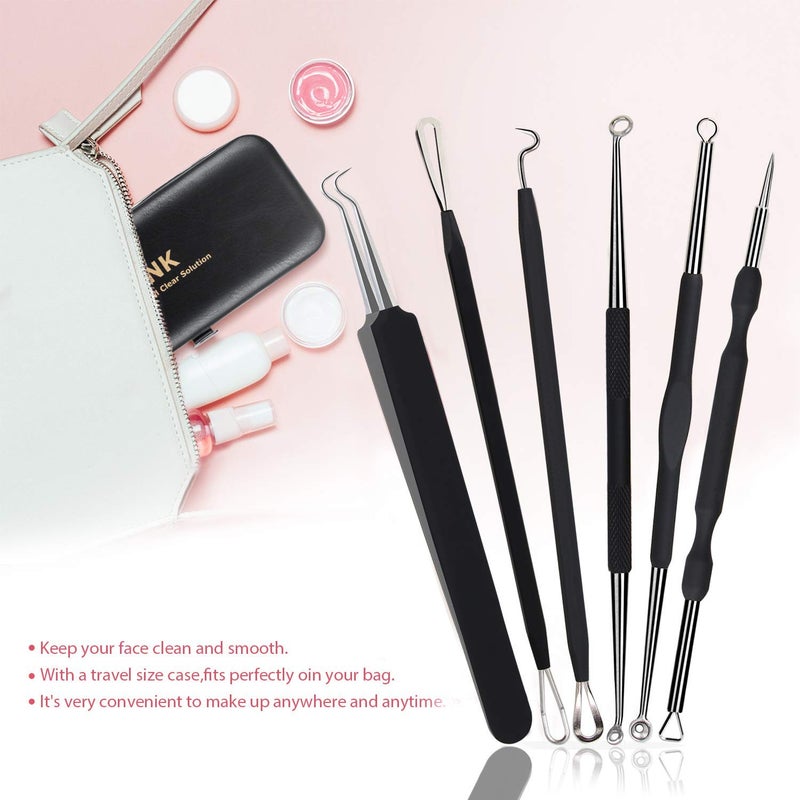 JPNK Blackhead Remover Tool Comedones Extractor Acne Removal Kit for Blemish, Whitehead Popping, 6 Pcs Zit Removing for Nose Face Tools with a Leather Bag (Black) - Image 2