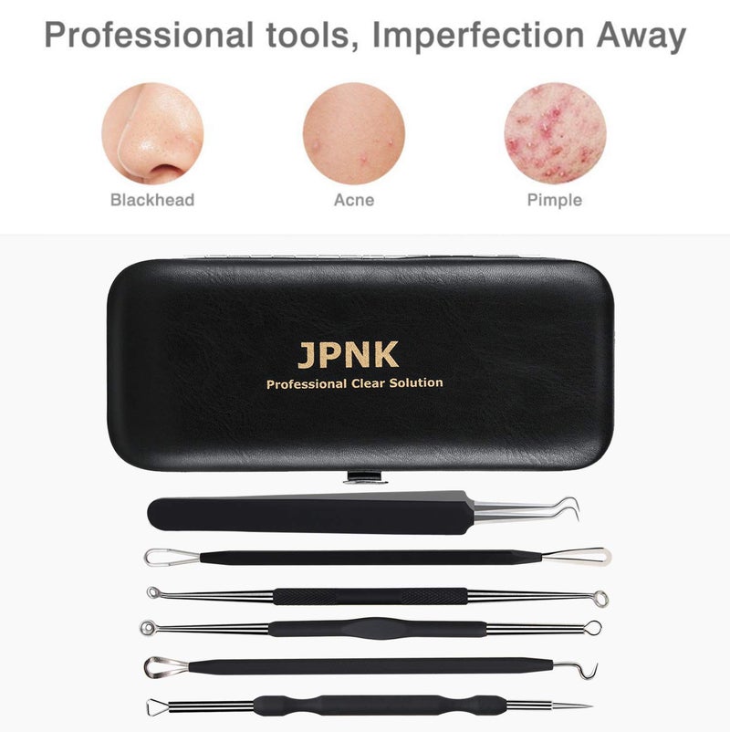 JPNK Blackhead Remover Tool Comedones Extractor Acne Removal Kit for Blemish, Whitehead Popping, 6 Pcs Zit Removing for Nose Face Tools with a Leather Bag (Black) - Image 3