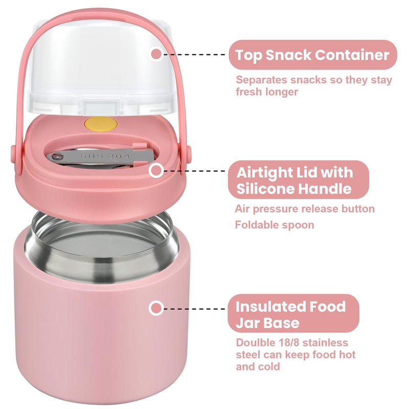 BEAQUEE 2-in-1 Insulated Food Jar with a Snack Container - 15oz Kids Soup Thermo for Hot Food with Handle and Spoon, Leak Proof Bento Lunch Box Kids, Perfect for School & Travel, Pink - Image 5