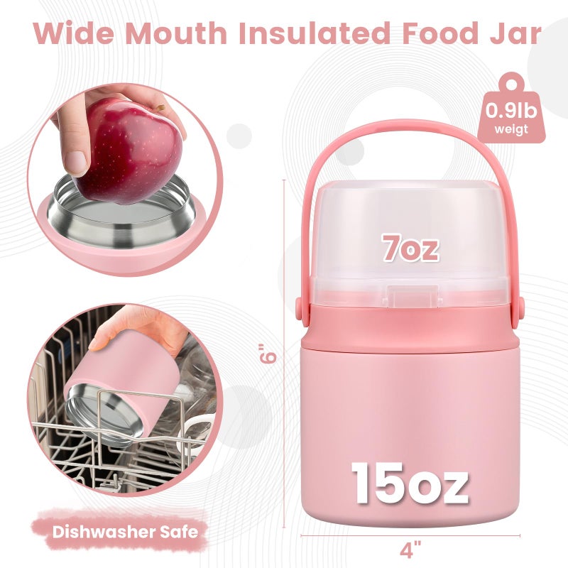 BEAQUEE 2-in-1 Insulated Food Jar with a Snack Container - 15oz Kids Soup Thermo for Hot Food with Handle and Spoon, Leak Proof Bento Lunch Box Kids, Perfect for School & Travel, Pink - Image 4