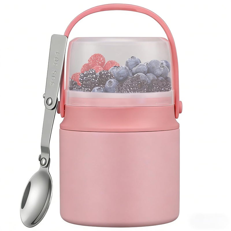 BEAQUEE 2-in-1 Insulated Food Jar with a Snack Container - 15oz Kids Soup Thermo for Hot Food with Handle and Spoon, Leak Proof Bento Lunch Box Kids, Perfect for School & Travel, Pink - Image 1