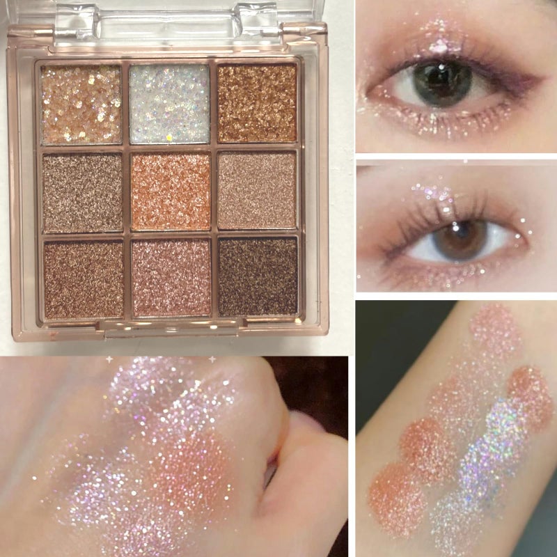 Okerker 9 Colors Glitter Shimmer Eyeshadow Makeup Palette, Korean Sparkle Neutral Eye Shadow Palettes Highly Pigmented Long Lasting Waterproof Blendable sombras para ojos Pink White Golden Brown Eye Glitter - Image 2