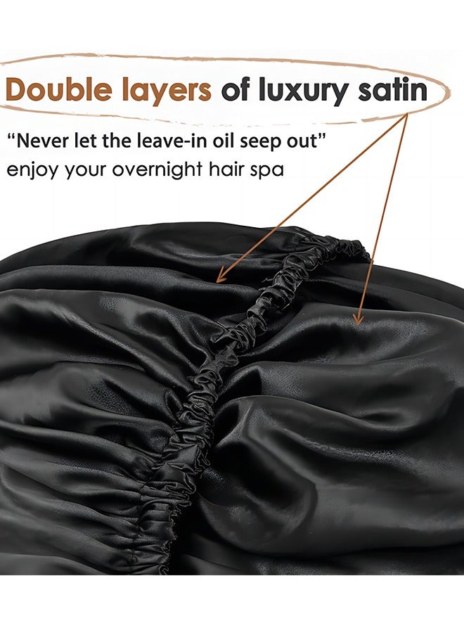 Waterproof Shower Cap Satin Cap Sleeping Cap Women Curly Natural Hair Double Layer Adjustable Hat Satin Sleeping Cap Reusable Bath Hair Cap (Black)  - Image 3