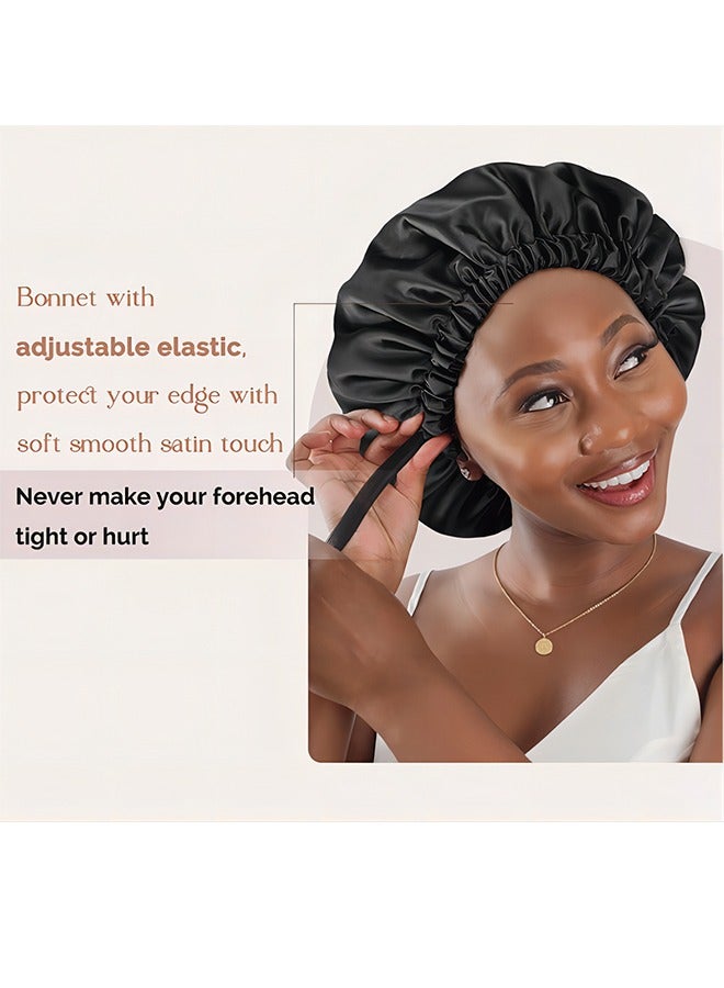 Waterproof Shower Cap Satin Cap Sleeping Cap Women Curly Natural Hair Double Layer Adjustable Hat Satin Sleeping Cap Reusable Bath Hair Cap (Black)  - Image 5