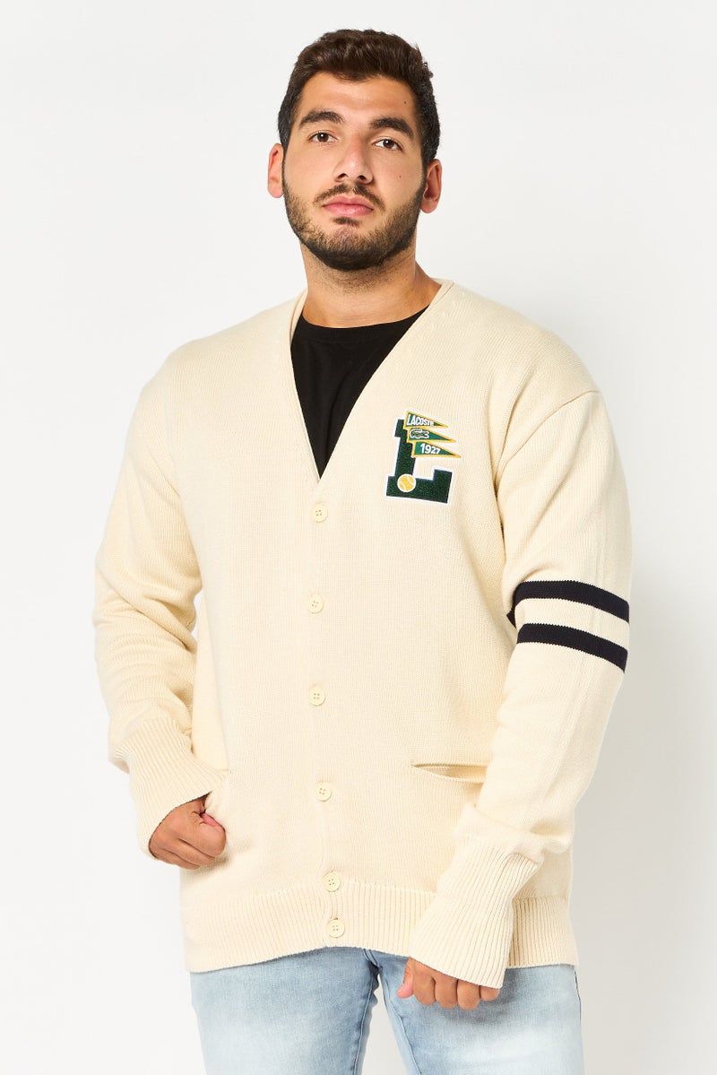 LACOSTE Men V Neck Embroidered Logo Sweater, Beige - Image 1