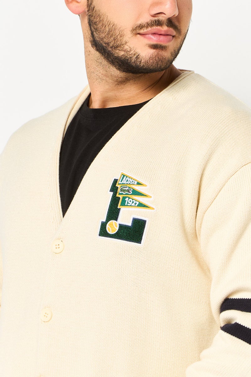 LACOSTE Men V Neck Embroidered Logo Sweater, Beige - Image 3