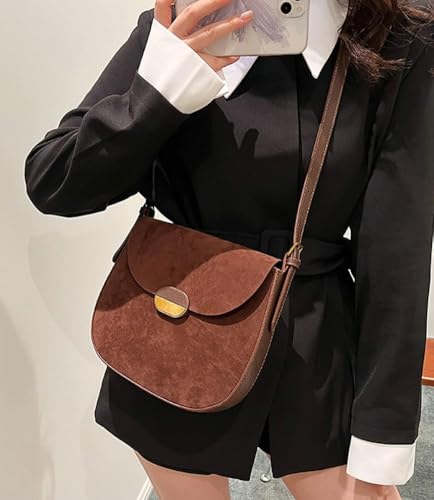 JOLILUNA Burgundy Suede Shoulder Bags For Women Brown Suede Small Trendy Wine Crossbody Bag Saddle Suede Satchel Bag (Coffee) - Image 4