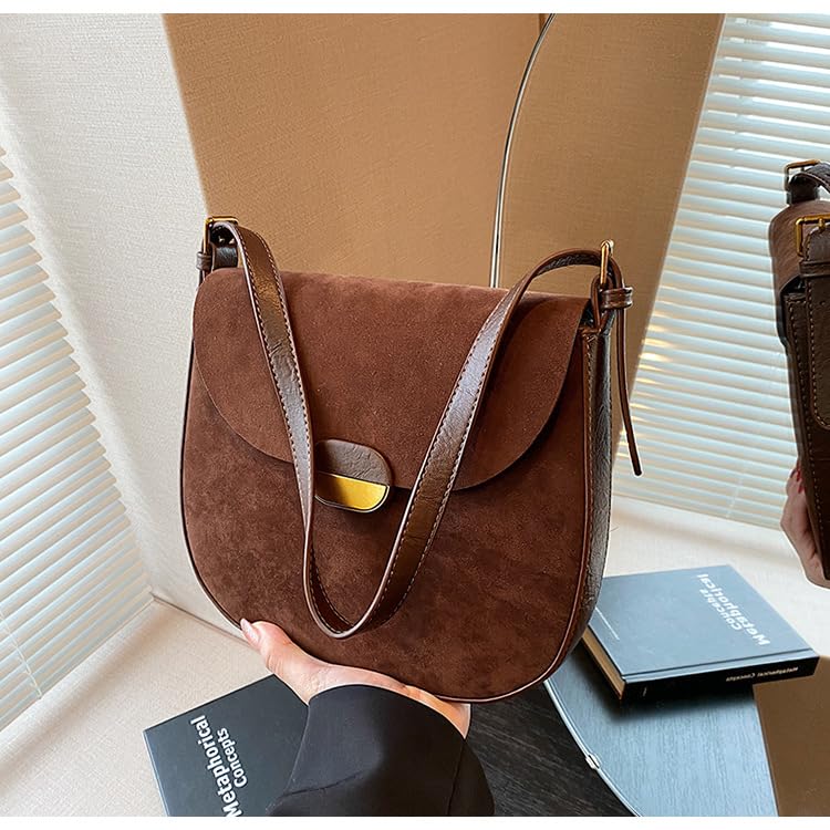 JOLILUNA Burgundy Suede Shoulder Bags For Women Brown Suede Small Trendy Wine Crossbody Bag Saddle Suede Satchel Bag (Coffee) - Image 5