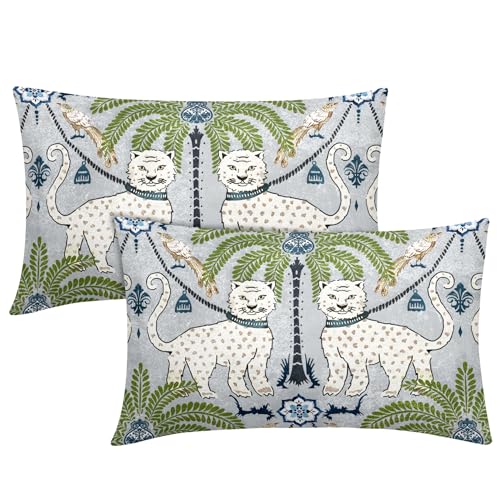 aportt Chinoiserie Animal Print Leopard Tropical Tree Lumbar Pillow Covers 12X20 Inch Set of 2 Vintage Asian Tiger Birds Pillow Cases Green Cotton Linen Cushion Case Farmhouse Home Decor For Sofa Couch - Image 1