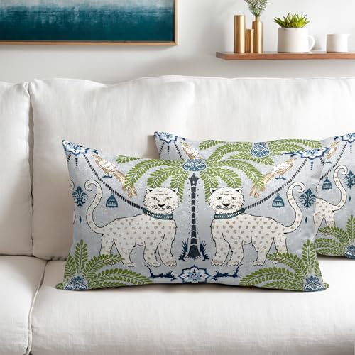 aportt Chinoiserie Animal Print Leopard Tropical Tree Lumbar Pillow Covers 12X20 Inch Set of 2 Vintage Asian Tiger Birds Pillow Cases Green Cotton Linen Cushion Case Farmhouse Home Decor For Sofa Couch - Image 5