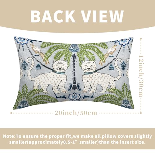 aportt Chinoiserie Animal Print Leopard Tropical Tree Lumbar Pillow Covers 12X20 Inch Set of 2 Vintage Asian Tiger Birds Pillow Cases Green Cotton Linen Cushion Case Farmhouse Home Decor For Sofa Couch - Image 3
