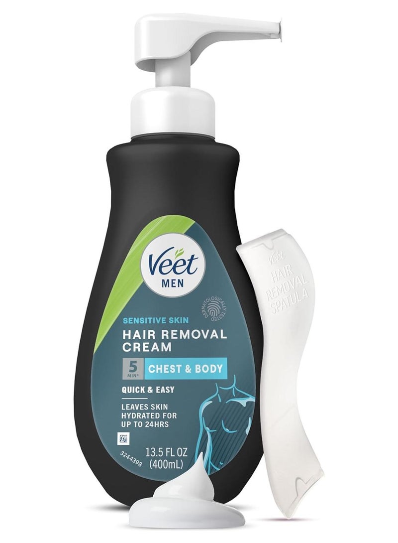 Veet Men Hair Removal Cream for Sensitive Skin, 13.5 fl oz, Painless Long-Lasting Fast-Acting Clean Look, Dermatologically Tested Depilatory Cream. Use on Chest, Back, Arms, Legs & Underarms - Image 1