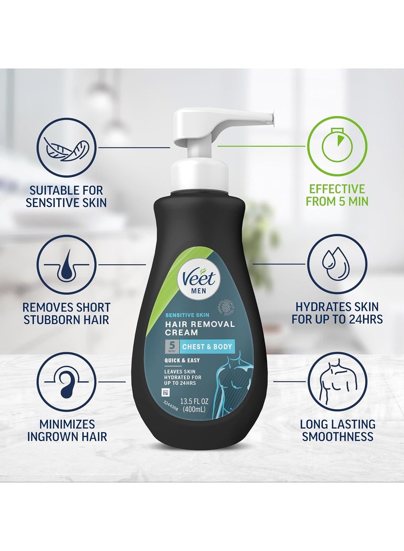 Veet Men Hair Removal Cream for Sensitive Skin, 13.5 fl oz, Painless Long-Lasting Fast-Acting Clean Look, Dermatologically Tested Depilatory Cream. Use on Chest, Back, Arms, Legs & Underarms - Image 3