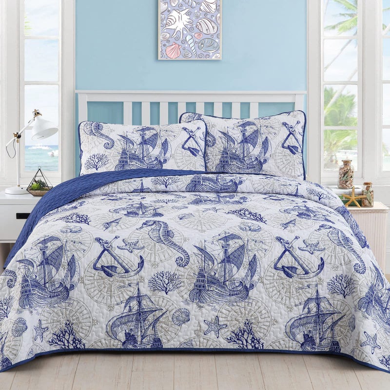 DJY Blue Quilt Set Queen Coastal Beach Quilt Coverlet Set Nautical Seahorse Bedspread with 2 Pillow Shams Lightweight Coastal Bedding Quilt Set for Adults Teens Kids 3 Pieces 90x 96