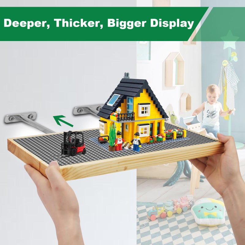 Vivise 2 Pack Display Shelves for Building Bricks (16X8 Inch) Wooden Wall Mount Shelf Display for Wall 48X24 Stud Base Plate Compatible with All Toy Block Brands Grey - Image 2