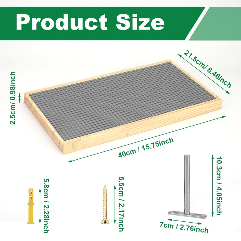 Vivise 2 Pack Display Shelves for Building Bricks (16X8 Inch) Wooden Wall Mount Shelf Display for Wall 48X24 Stud Base Plate Compatible with All Toy Block Brands Grey - Image 3