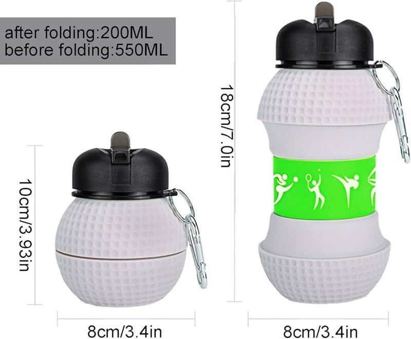 SOLDTRUE Golf Ball Collapsible Water Bottle 600ml. | Foldable Sports Bottle with Green Band & Carabiner | Portable Leak-Proof Travel Hydration for Golf, Gym, Hiking & Kids (White) - Image 4