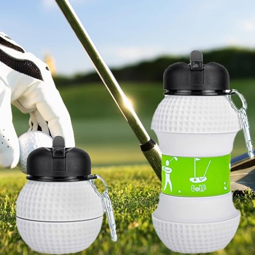 SOLDTRUE Golf Ball Collapsible Water Bottle 600ml. | Foldable Sports Bottle with Green Band & Carabiner | Portable Leak-Proof Travel Hydration for Golf, Gym, Hiking & Kids (White) - Image 2
