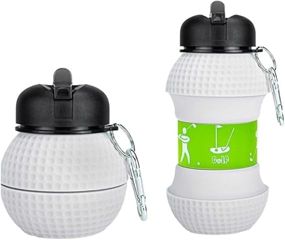 SOLDTRUE Golf Ball Collapsible Water Bottle 600ml. | Foldable Sports Bottle with Green Band & Carabiner | Portable Leak-Proof Travel Hydration for Golf, Gym, Hiking & Kids (White) - Image 1
