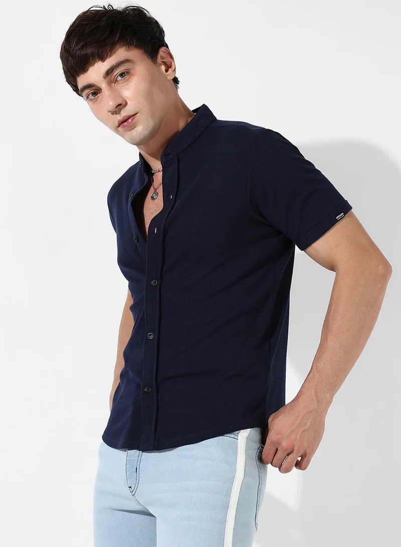 Campus Sutra Men's Black Solid Button Up Regular Fit Shirt For Casual Wear | Cotton Mandarin Collar Shirt Crafted With Regular Sleeve, Comfort Fit & High-Performance For Everyday Wear