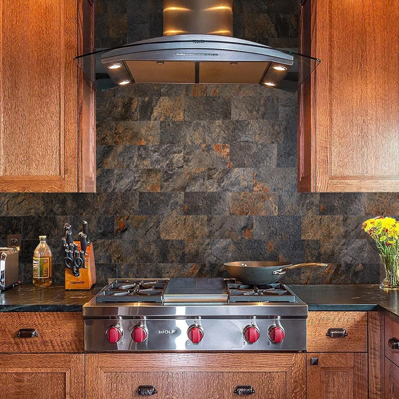 AULIGET 200 Pieces Rust Slate Peel and Stick Backsplash Wall Tiles, 3" x 6" PVC Faux Stone Stick on Tiles for Backsplash Kitchen, Bathroom, Laundry Room, Camper, Fireplace - Image 4