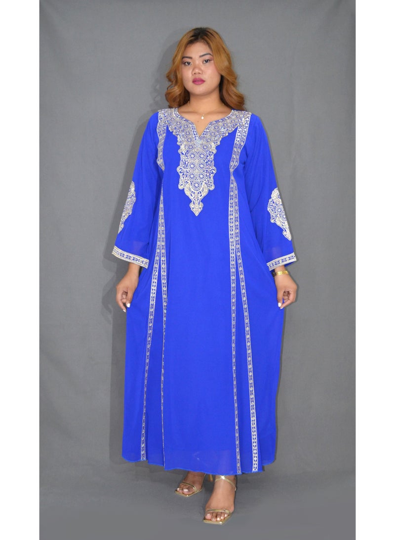 Elegant Traditional Arabian Maxi Dress - Heavy Embroidery & Crystal Embellished Chiffon Caftan - Long Sleeve Modest Wear
